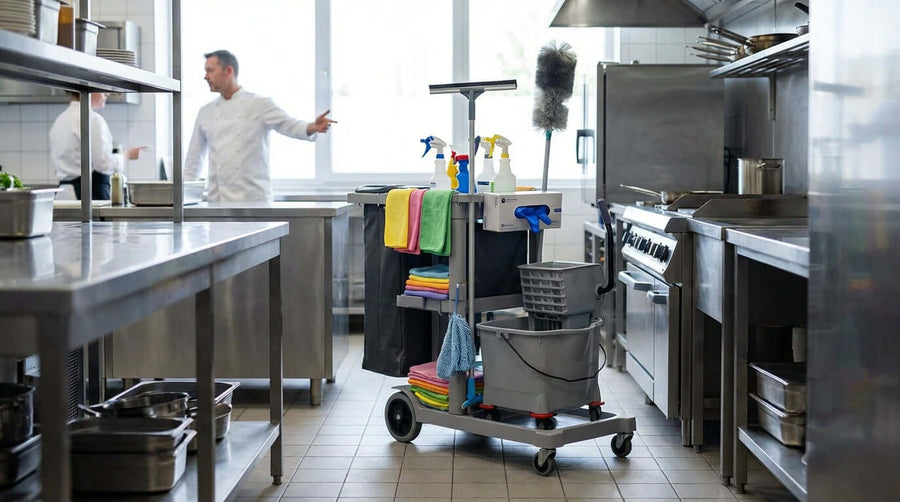 Alt Tag: commercial cleaning cart accessories on a janitorial cart in a commercial kitchen with spray bottles, towels, mop, and buckets