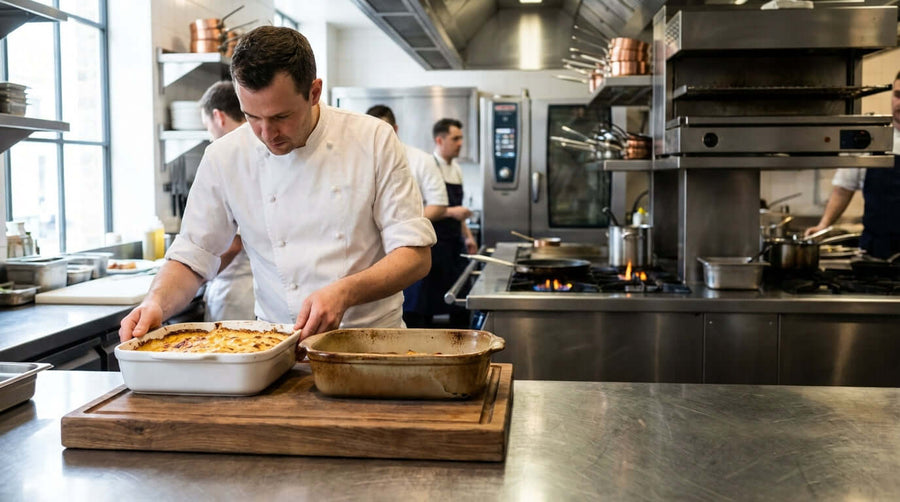 Porcelain vs. Ceramic: Selecting the Right Au Gratin Dish for Your Kitchen chef preparing bubbling au gratin in baking dish