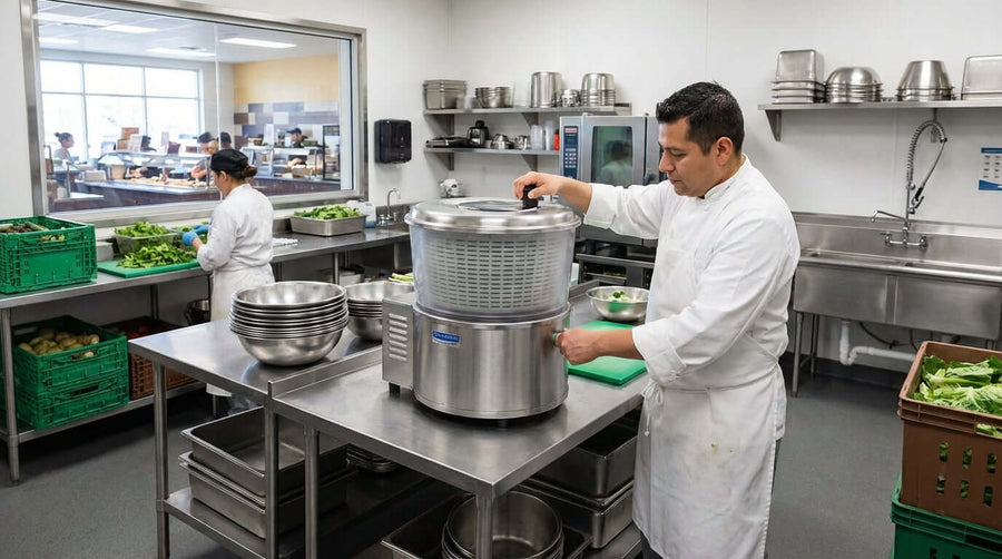 The Ultimate Buyers Guide: Choosing the Perfect Commercial Salad Spinner used by chef in commercial kitchen to dry lettuce fast