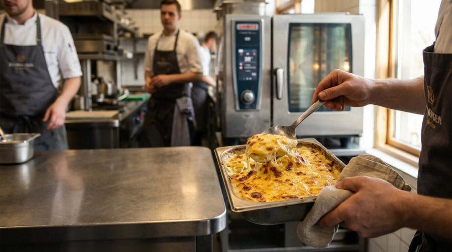 The Art of the Gratin: 5 Tips for a Perfect Golden-Brown Crust chef lifting cheesy gratin to show golden-brown crust in kitchen