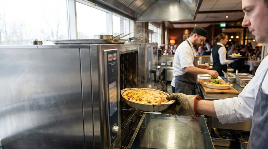 Oven-to-Table Excellence: How Au Gratin Dishes Boost Efficiency and Perceived Value chef removes au gratin dish from oven in busy kitchen