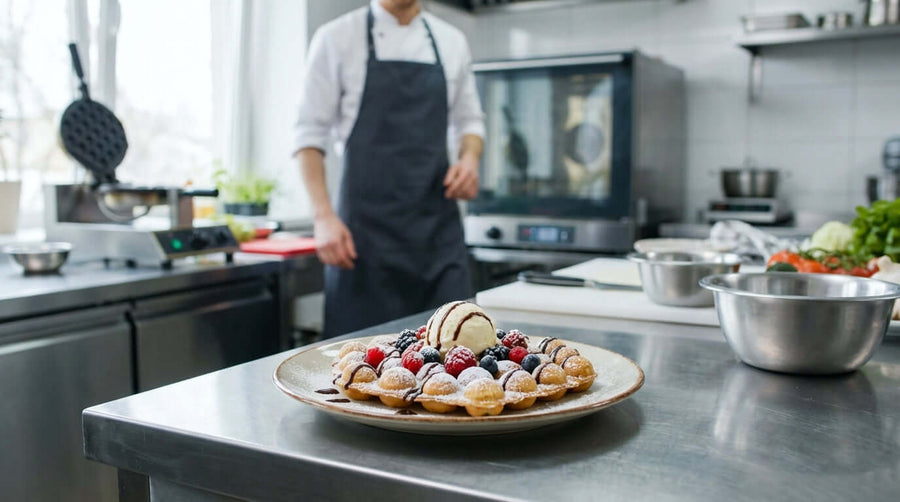 Chef plating bubble waffles dessert menu ideas with berries, powdered sugar and ice cream in a commercial kitchen