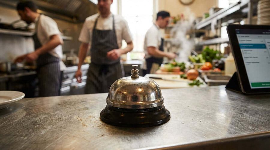 Low-Tech, High-Impact: Why Call Bells Are Still Essential in a Digital Age – service bell on restaurant counter with kitchen staff in background