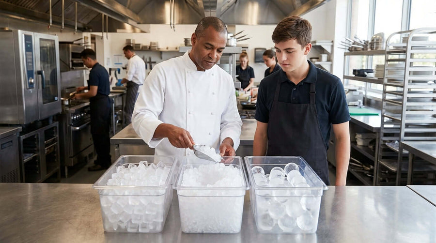 Chef comparing ice types in commercial kitchen for cube vs nugget vs gourmet ice for business beverage program