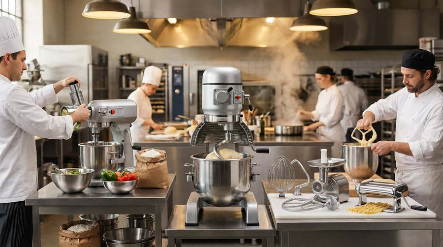 Unlocking Versatility: Getting the Most Out of Your Planetary Mixer Attachments in a commercial kitchen with chefs using planetary mixer tools