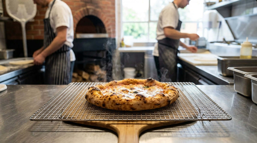 Preventing Soggy Crusts: The Secret Role of Your Pizza Cooling Rack - fresh baked pizza cooling on wire rack in pizzeria kitchen