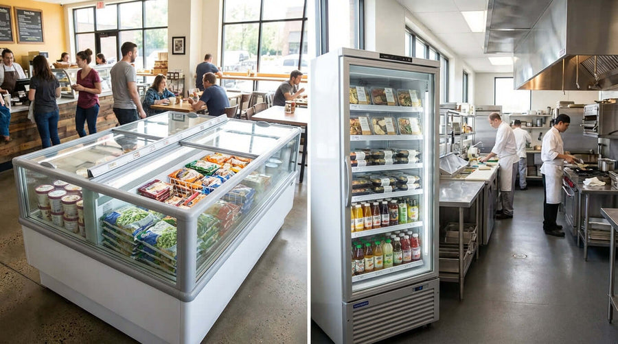 Island Freezer vs. Upright Display: Which is Right for Your Business? island freezer and upright display case in busy grocery store layout