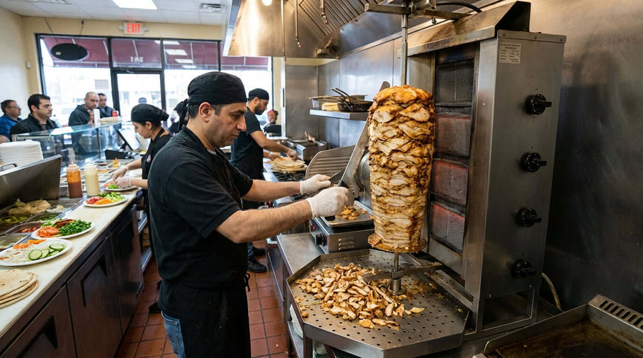Comment un trancheur de shawarma professionnel augmente la rentabilité de votre restaurant : chef tranche le shawarma sur une rotisserie verticale dans une cuisine animée du restaurant