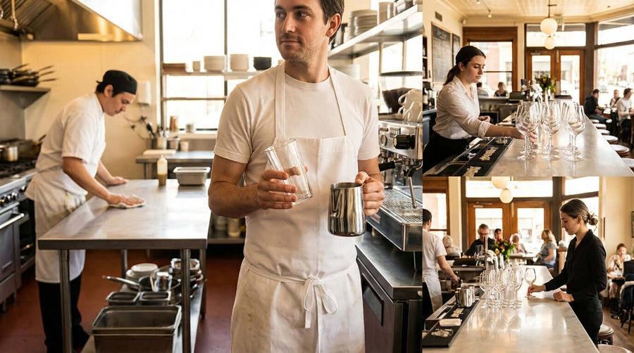 The Secret to Streak-Free Glassware and Stainless Steel in restaurant kitchen staff polishing glassware and stainless steel pitchers