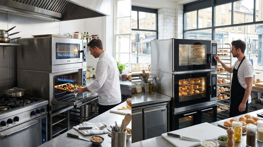 Gas vs. Electric: How to Choose the Right Commercial Convection Oven in a busy restaurant kitchen with chefs using stacked convection ovens