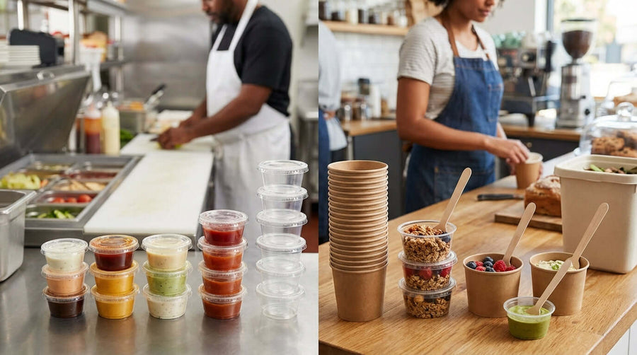 Choosing Your Champion: A Guide to Plastic vs. Eco-Friendly Portion Cups showing plastic sauce cups and compostable paper cups in a busy kitchen