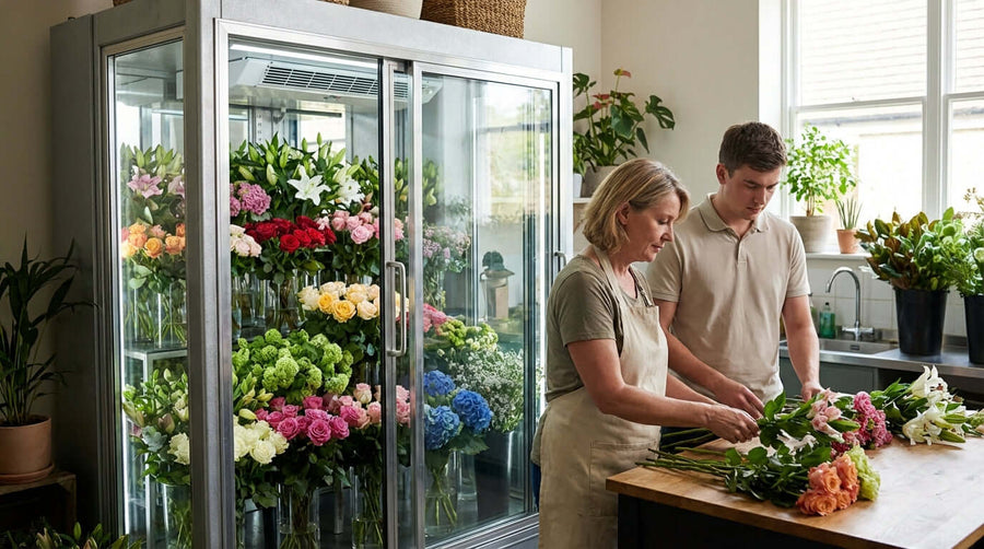 floral display refrigerator buyers guide image of florist arranging bouquets beside glass-door flower cooler filled with fresh blooms