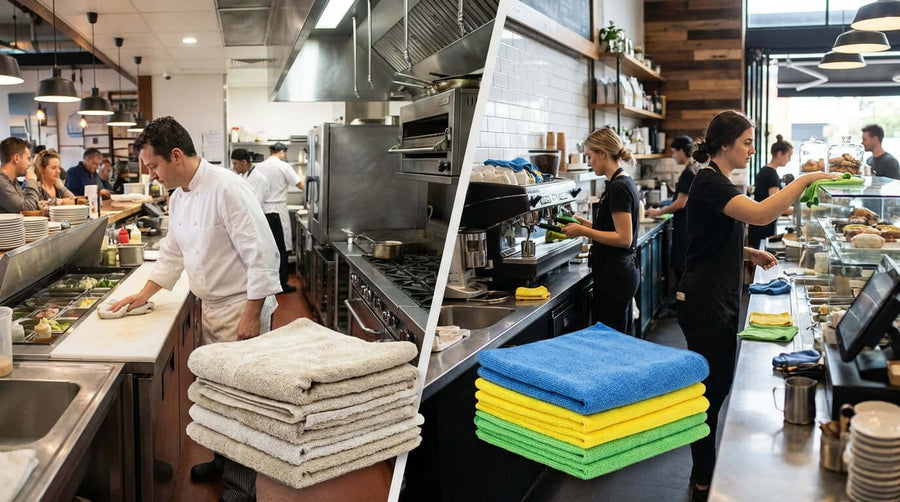 Microfiber vs. Cotton: Why Your Food Service Business Needs to Make the Switch with chef cleaning kitchen, stacked cotton towels, microfiber cloths