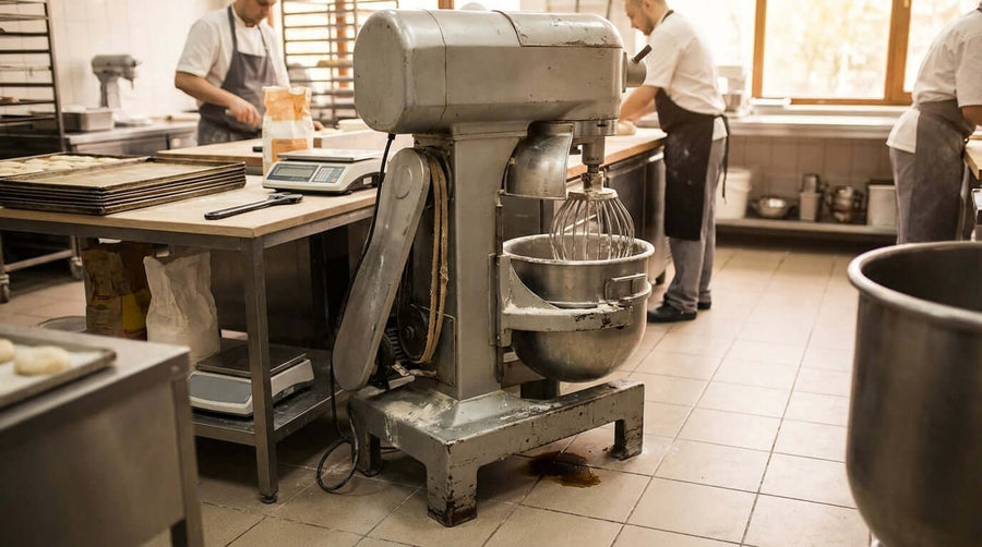 Top Signs Your Commercial Mixer Needs Repair or Replacement: worn industrial stand mixer in busy commercial kitchen