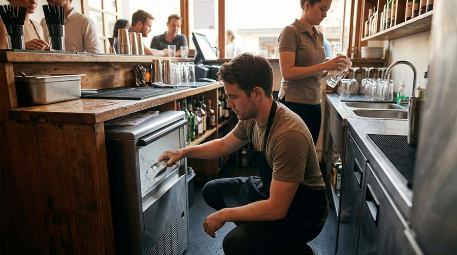 undercounter ice maker for small bars installed behind bar as staff restocks and preps drinks in compact workspace