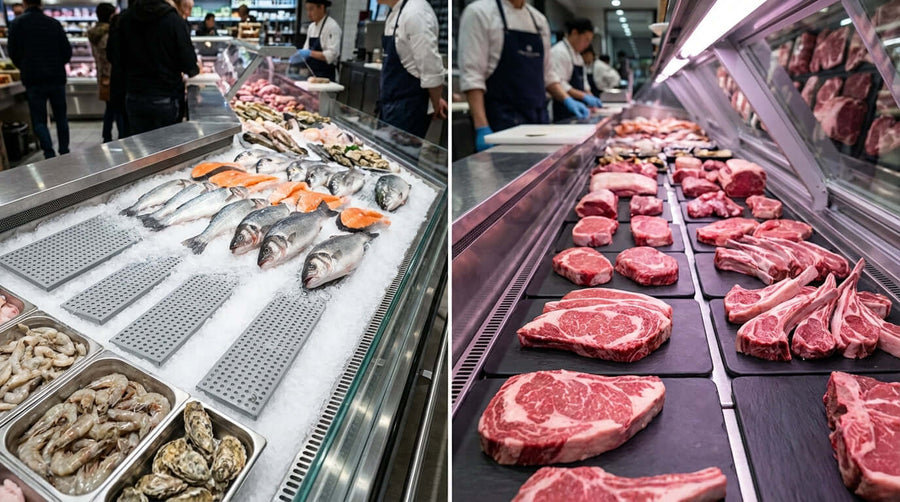 A Guide to Choosing the Right Display Runners for Your Meat & Seafood Cases featuring meat and seafood in refrigerated display cases