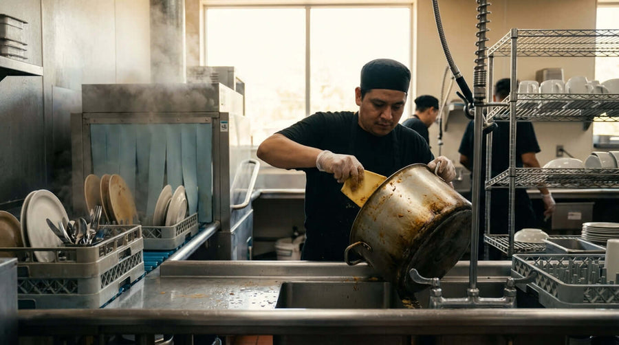 Cook scrubbing large pot at commercial sink, demonstrating pan scraper for commercial kitchen dishwashing efficiency during busy service