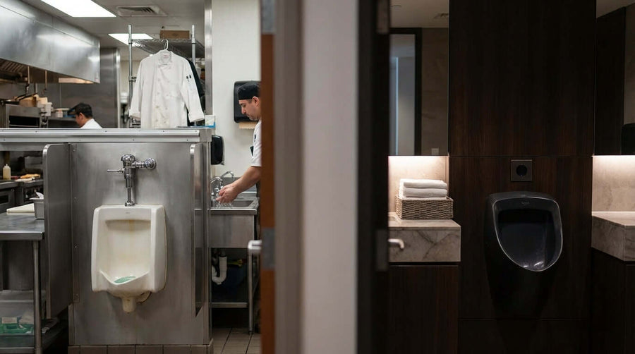 Coût vs. Impression : Le vrai retour sur investissement dans des écrans d’urinoir de qualité dans des toilettes de restaurant haut de gamme mettant en valeur un design moderne d’urinoir