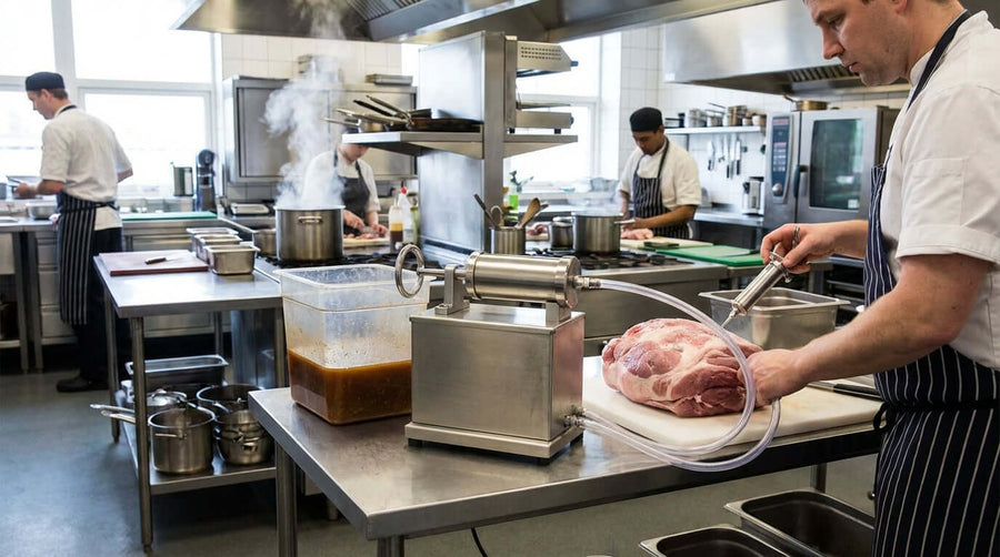 Alt Tag: Calculating the ROI: How a Meat Pump Pays for Itself in a Year - chef using meat pump injector in commercial kitchen to prepare roast