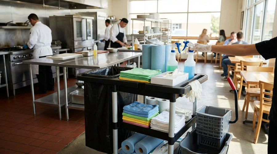 food service janitorial cart checklist with stocked cleaning supplies in restaurant kitchen and dining area
