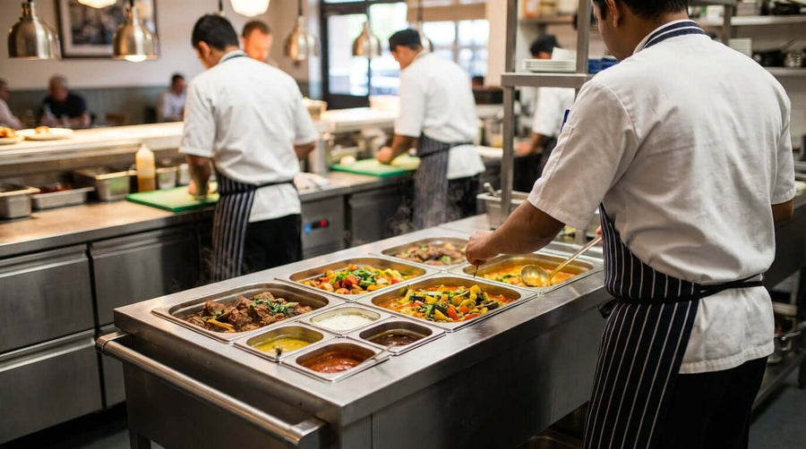 Maximizing Your Menu: Creative Food Ideas for a Portable Steam Table with chefs serving hot dishes from a commercial steam table
