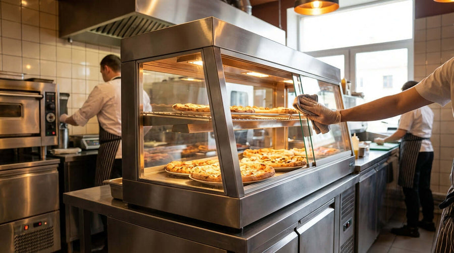 Essential Maintenance Checklist for Your Commercial Pizza Warmer - staff cleaning glass display warmer in commercial kitchen