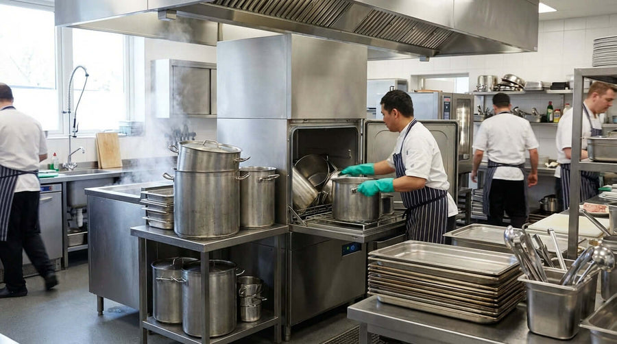 Buyers Guide: How to Select the Perfect Pot & Pan Washer in a commercial kitchen, chef loading industrial pot and pan washer