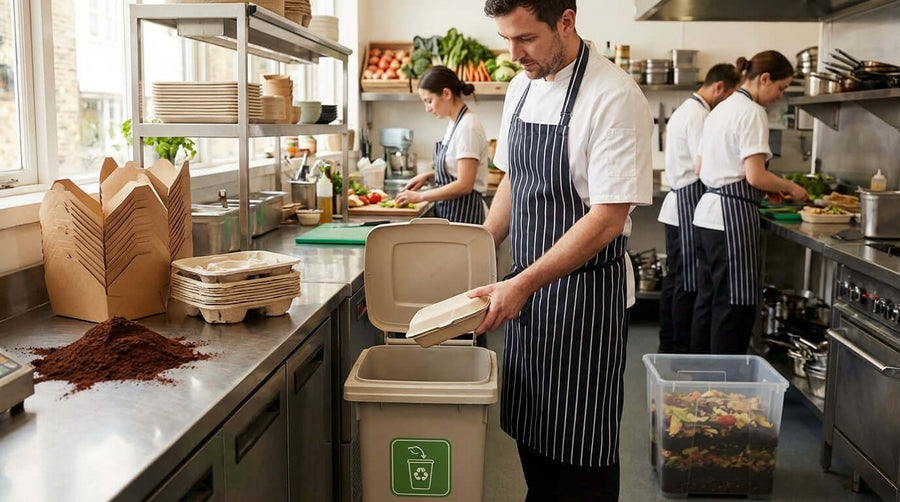 Kitchen staff sorting compostable packaging into a compost bin, showing how to educate customers on composting compostable packaging