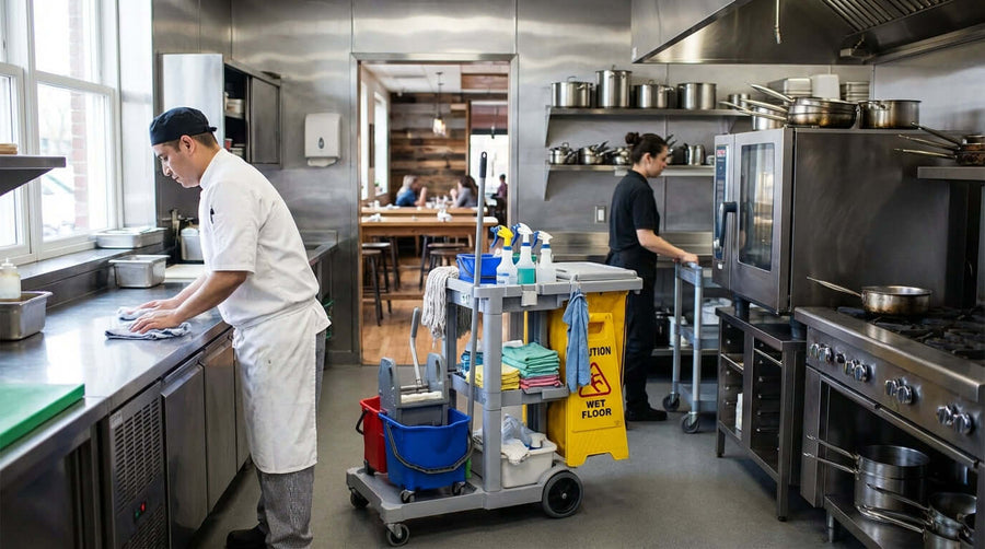 Alt Tag: The Ultimate Guide: Choosing the Right Cleaning Cart for Your Restaurant in a commercial kitchen with staff using a stocked cleaning cart