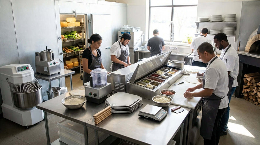 The Ultimate Pizzeria Equipment Checklist: Beyond the Oven commercial pizza kitchen prep station with staff, dough mixer, ingredient bins