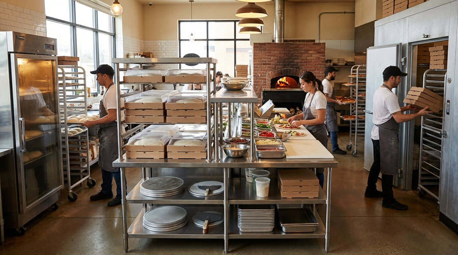 pizza dough proofing racks in busy pizzeria kitchen with staff prepping dough, stacking pizza boxes, and organizing trays during service