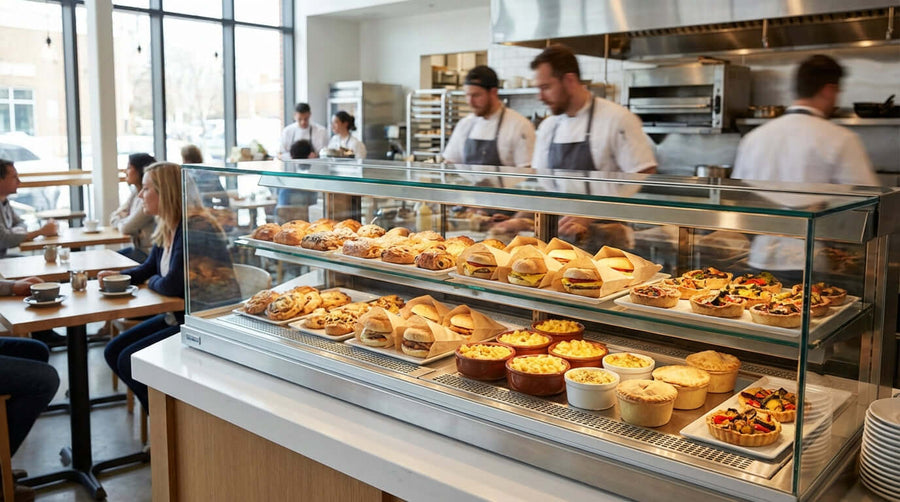 Beyond the Deli: Creative Uses for Your Commercial Hot Food Display in a cafe with hot pastries and savory items in a glass heated case