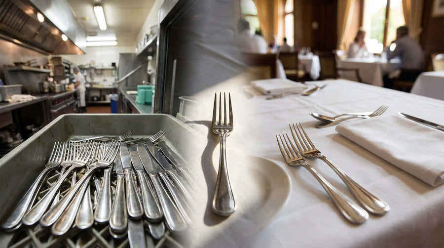 Spotless cutlery customer experience with polished forks and knives on restaurant table beside clean utensil tray