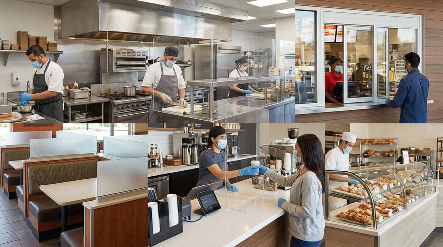 Navigating Health Codes: How Safety Barriers Keep Your Business Compliant with plexiglass partitions in restaurant kitchen, counter, and drive-thru