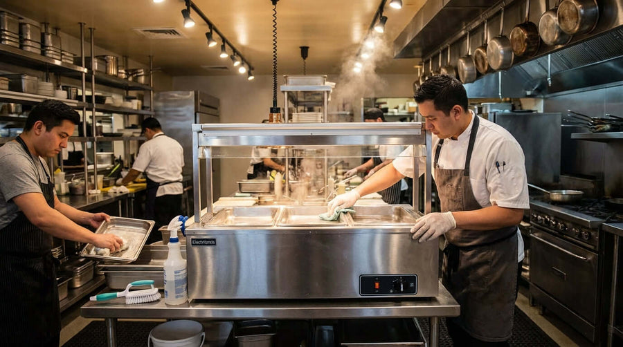 A Step-by-Step Guide to Cleaning and Maintaining Your Steam Table in a commercial kitchen with chef wiping electric steam table