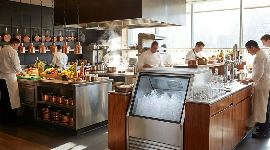Strategically placed indoor ice merchandiser in busy restaurant kitchen boosting efficiency and beverage service during peak hours