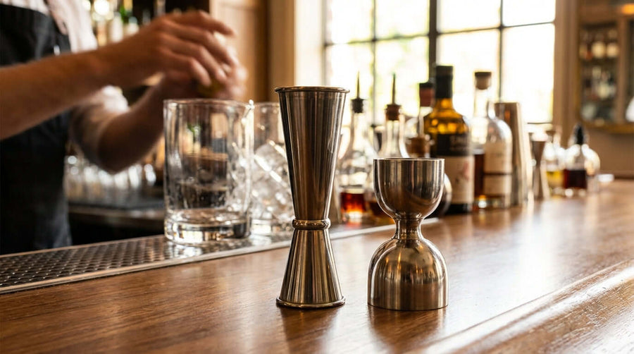 Japanese vs. Classic Bell Jigger: Which Style is Right for Your Bar Program? Japanese and classic bell jiggers on bar counter