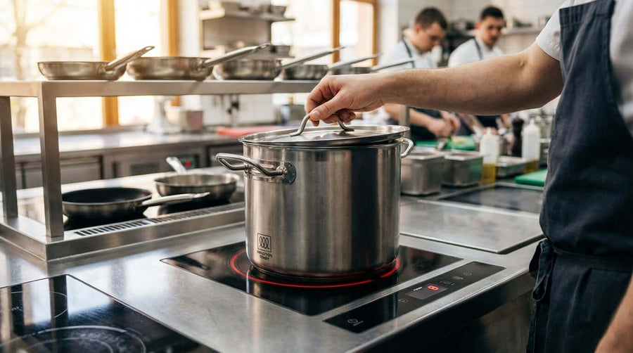Chef using stock pot on commercial induction cooktop, induction-ready cookware guide for induction-ready stock pots