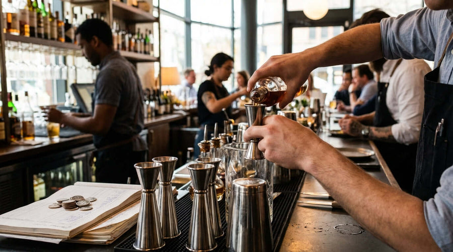 Beyond the Pour: How Using a Jigger Can Save Your Bar Money - bartender using jigger to measure liquor pours at a busy bar