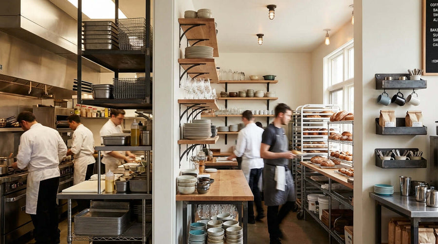 From Guest Room to Back Room: Versatile Uses for Iron Organizers in a busy bakery kitchen with shelving, trays, and staff at work