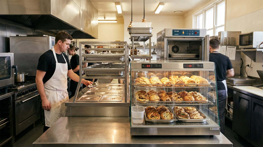 The Science of Freshness: Mastering Temperature and Humidity in Hot Holding in a commercial kitchen with hot food display case