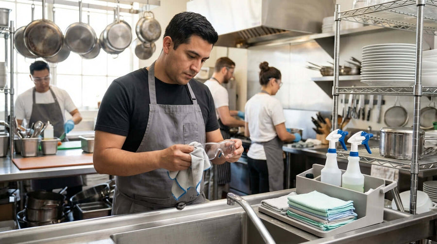 Alt Tag: Proper Care: How to Clean & Maintain Your Safety Glasses for Longevity - worker cleaning safety glasses with cloth at commercial kitchen sink
