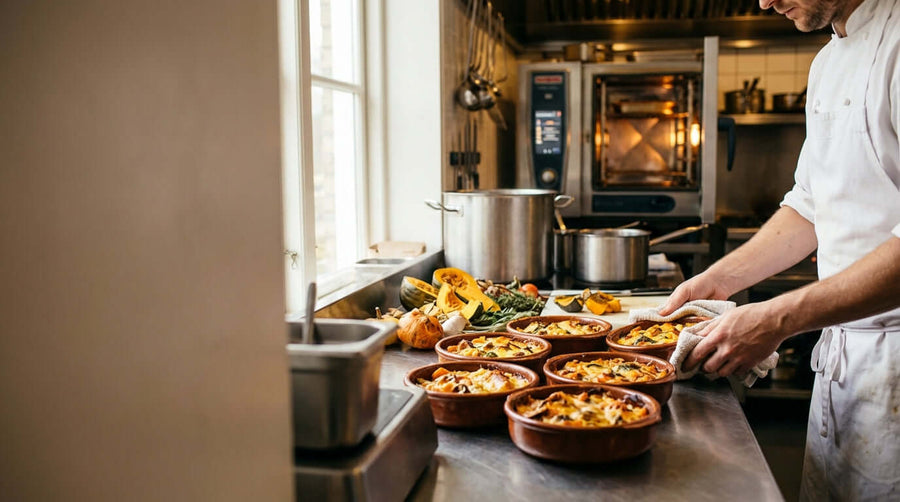 Alt Tag: Chef plating individual au gratin dishes in a commercial kitchen for fall and winter menu ideas using individual au gratin dishes