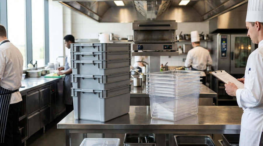 Stackable vs. Nestable Totes: Which Space-Saving Solution is Right for Your Business? stackable and nestable totes in commercial kitchen