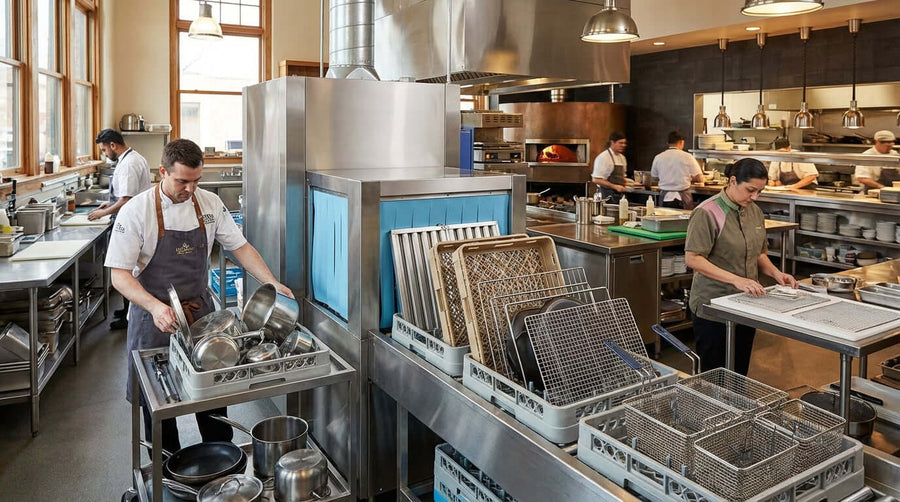 Beyond Pots and Pans: Unexpected Items You Can Clean in Your Industrial Washer in a busy commercial kitchen with staff loading an industrial dishwasher