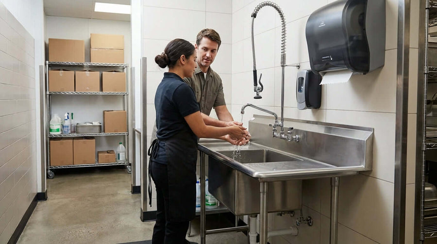 Restaurant staff washing hands at stainless sink, demonstrating restaurant hand washing station requirements in a commercial kitchen