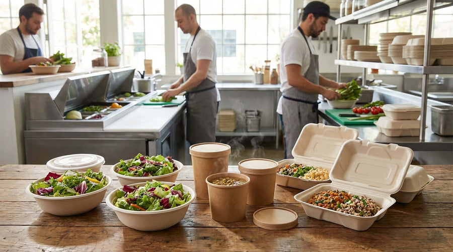 Compostable takeout containers for salads soups and hot meals on kitchen counter with fresh salads, soup cups, and hot meal boxes