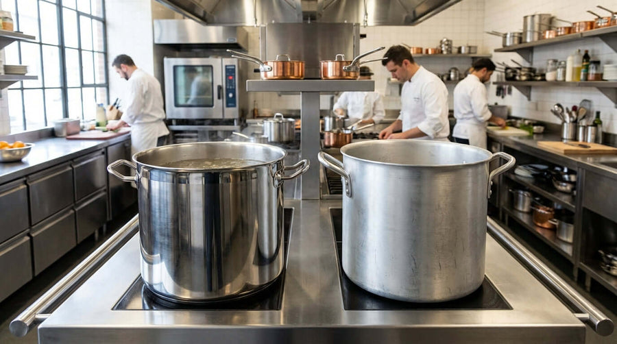 stainless steel vs aluminum commercial stock pot comparison in busy professional kitchen with large stainless and aluminum stock pots