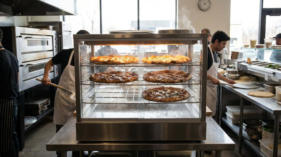 Keep it Hot & Fresh: The Importance of Humidity Control in Your Pizza Warmer pizza warmer display case with fresh pizzas in pizzeria kitchen
