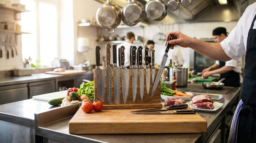 The Restaurant Knife Guide: How to Choose the Perfect Slicer - chef selecting slicing knife from rack in professional restaurant kitchen